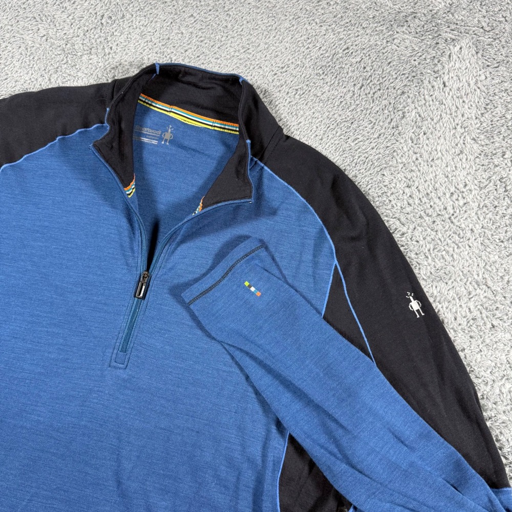 Smartwool 1/4 Zip Base Layer Top Mens Large Blue Black Merino Wool Blend 250
